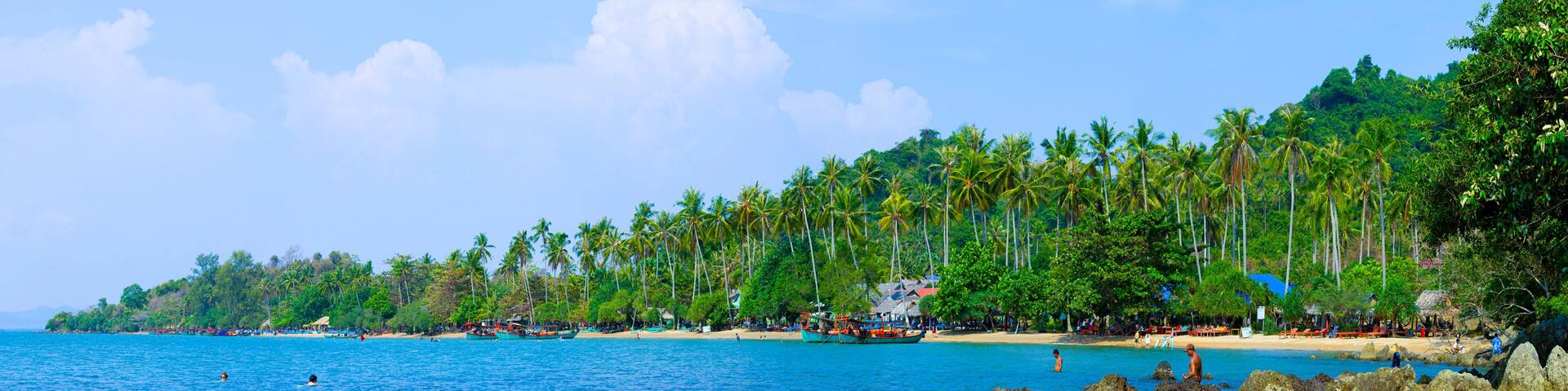 A tropical beach with clear blue waters, palm trees, and traditional boats.