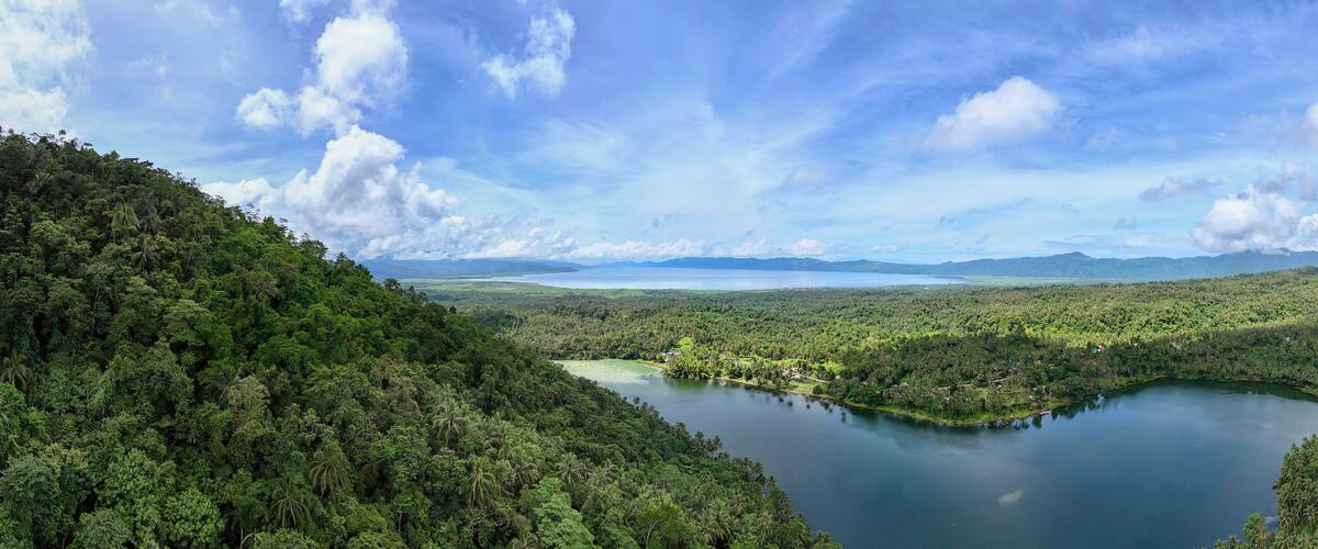 A lake surrounded by dense forest and mountains in the background.
