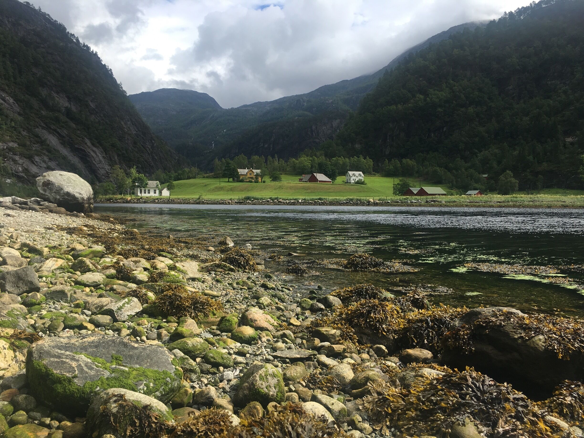 A rocky shoreline with a river, green hills, and houses in the background.