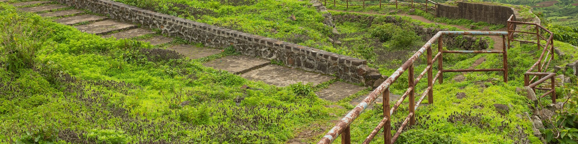 Walking stone pathway on the top of the Hatgad fort, Nashik, Maharashtra, India.