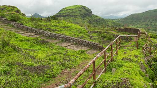 Walking stone pathway on the top of the Hatgad fort, Nashik, Maharashtra, India.