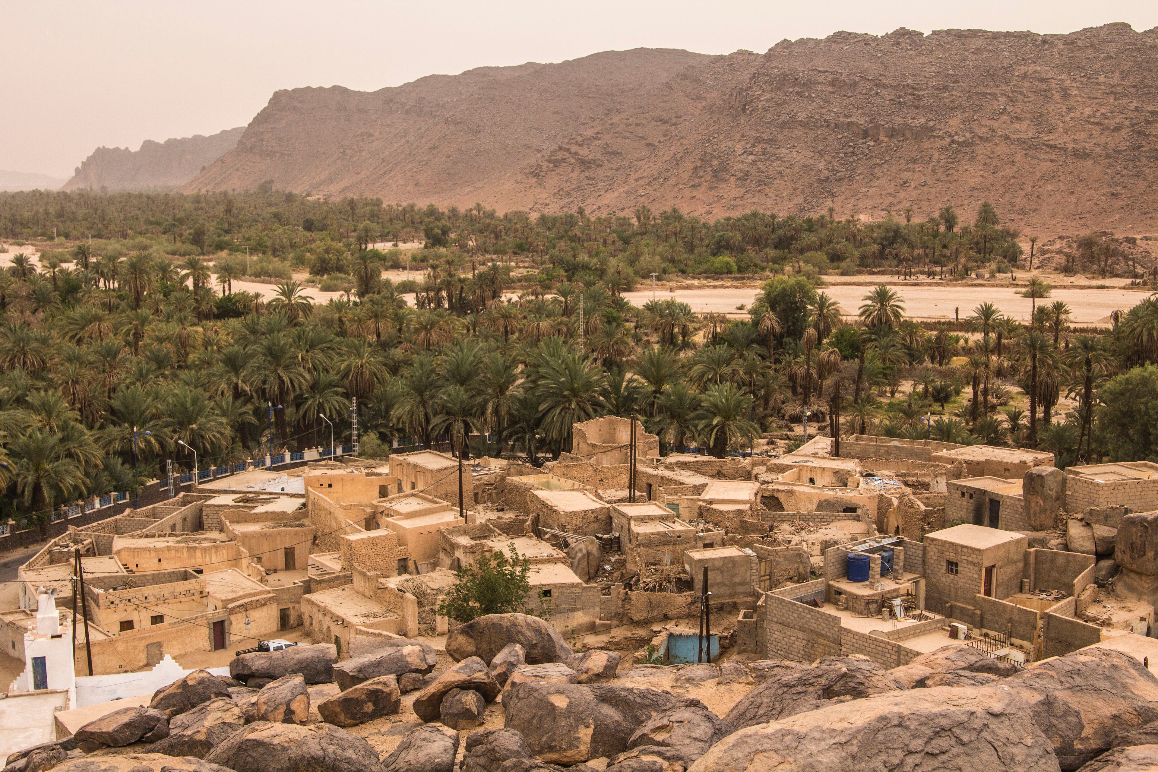 A desert village with traditional mud-brick buildings, palm trees, and a rocky mountain in the background.
