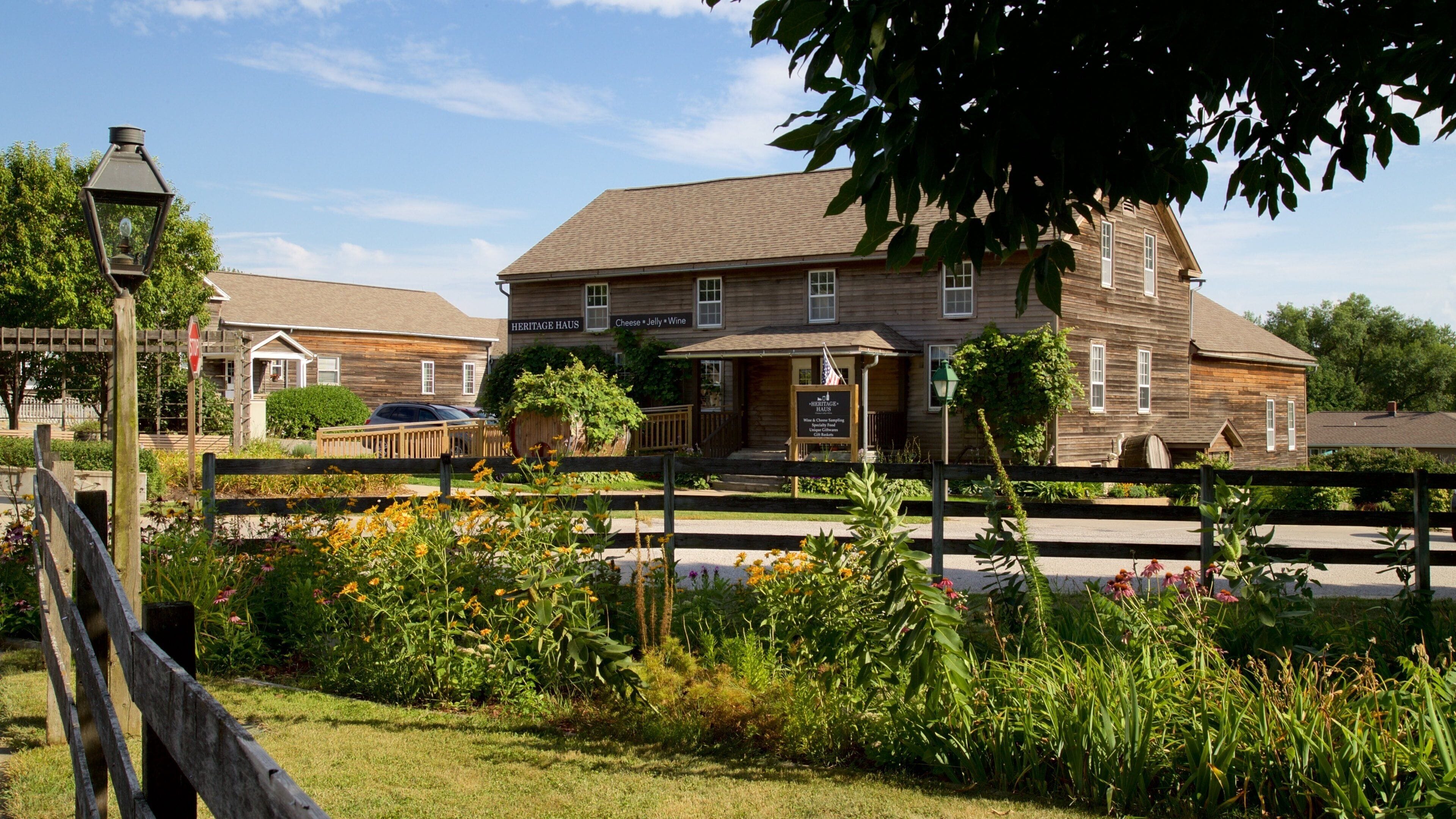 Amana Colonies mostrando uma casa, flores silvestres e uma cidade pequena ou vila