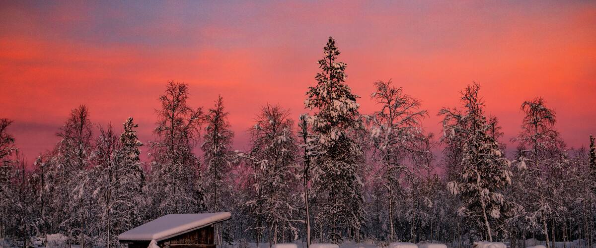 A snow-covered cabin in a forest with a colorful sky.