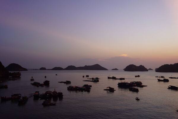 A coastal scene with numerous boats anchored in calm waters, surrounded by rocky islands under a dusky sky.