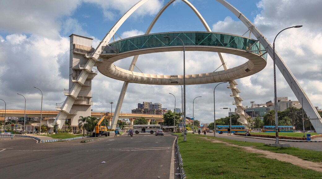 The famous Biswa Bangla Gate, an amusement center at Rajarhat, along with view of morning traffic on the city road at Kolkata, India