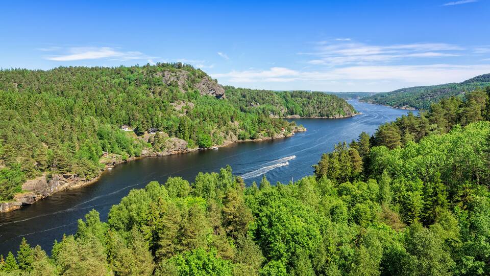 A river winding through a densely forested valley with rocky outcrops and a clear blue sky.