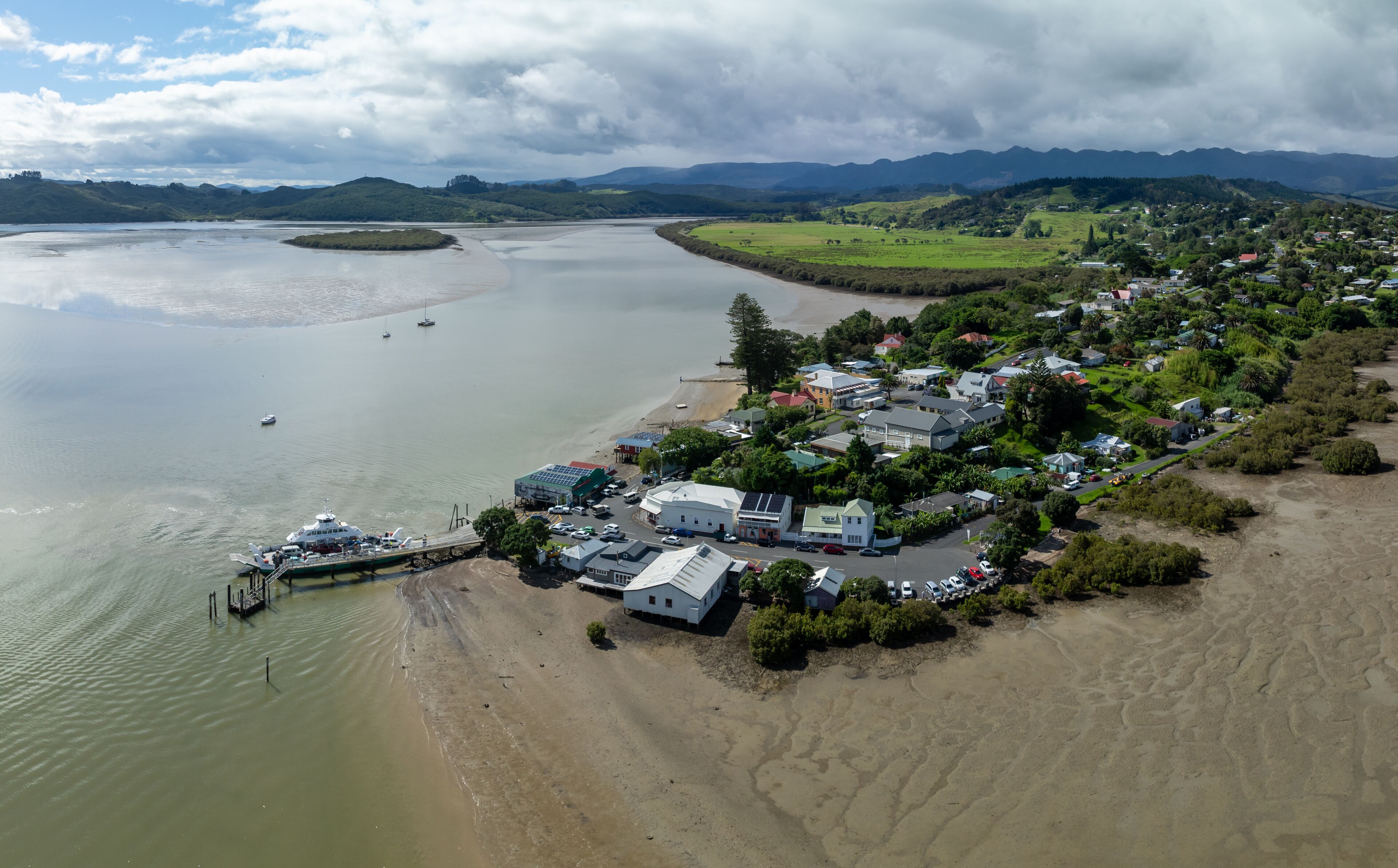 Car Ferry docking in the port at Rawene, Northland, New Zealand.
