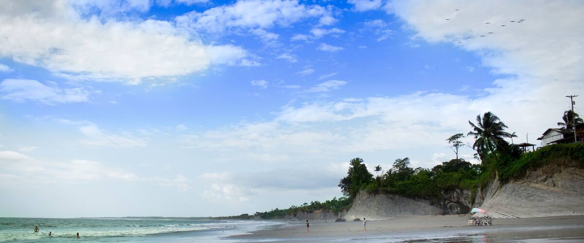 A beach with clear turquoise water, a sandy shore, and a cliff with vegetation.