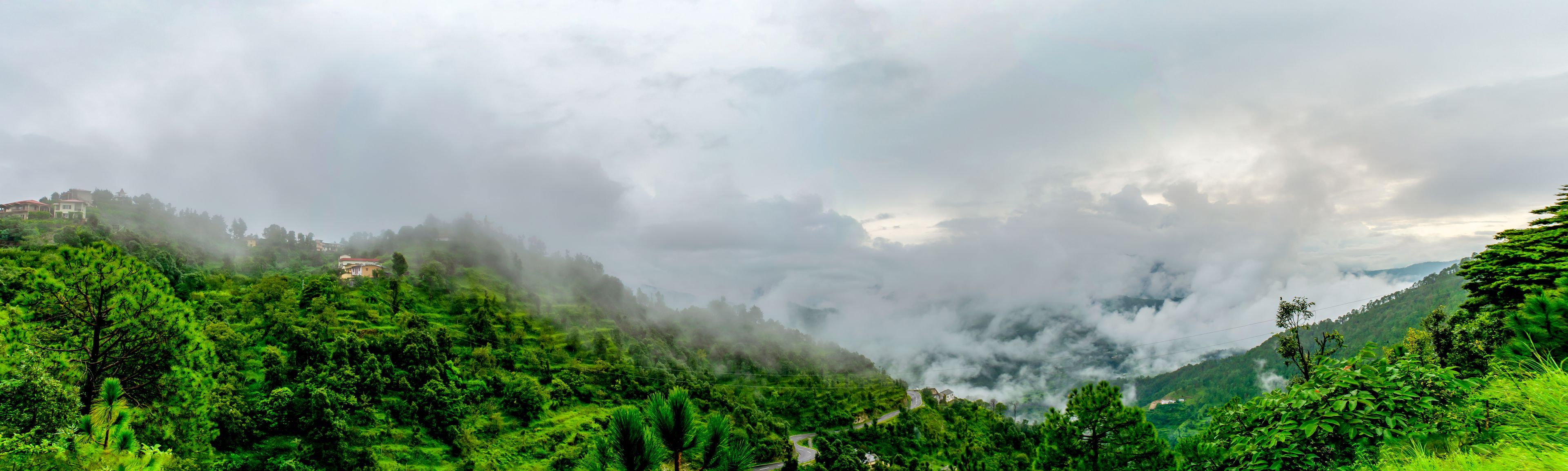 A lush green valley with a winding road, surrounded by dense forests and mist-covered mountains.