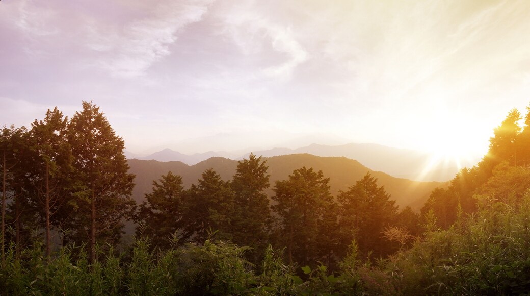 ■東京の八王子市にある高さ600メートルの高尾山からのサンセットのパノラマ。■Panorama of a sunset at the top of the Mount Takao at an altitude of 600m located in the city of Hachioji in the prefecture of Tokyo in Japan.