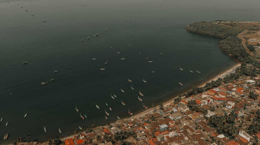 A coastal town with numerous boats anchored in the water and a dense cluster of buildings along the shore.
