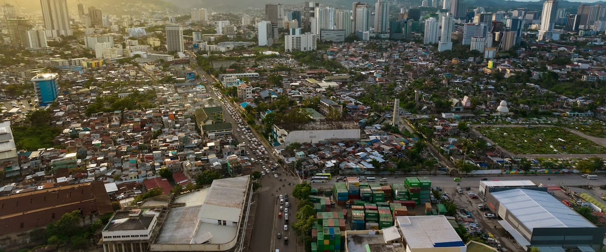 Cebu City, Philippines - May 2022: The North Reclamation Area and the Cebu Skyline during Golden hour.