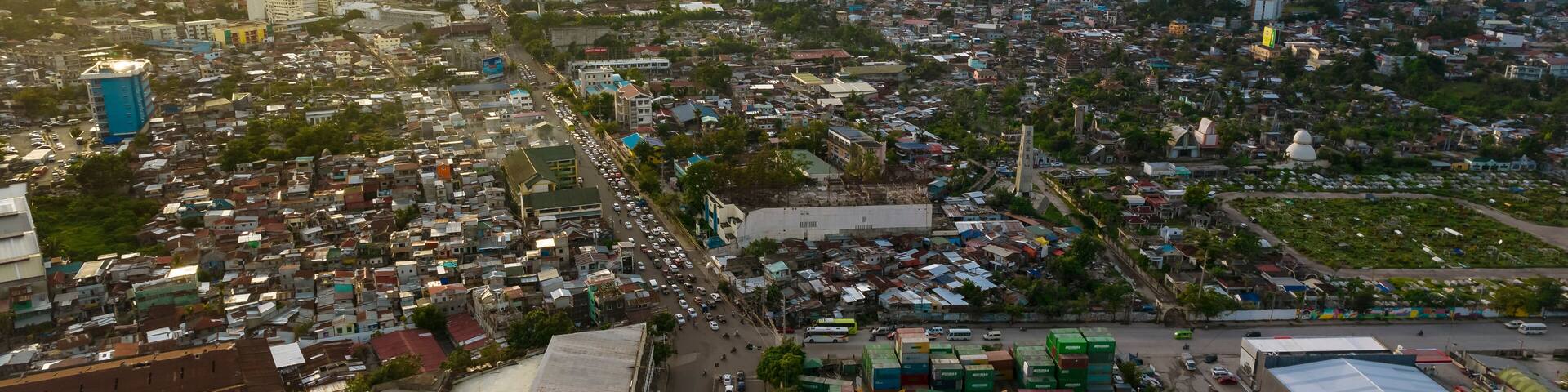 Cebu City, Philippines - May 2022: The North Reclamation Area and the Cebu Skyline during Golden hour.