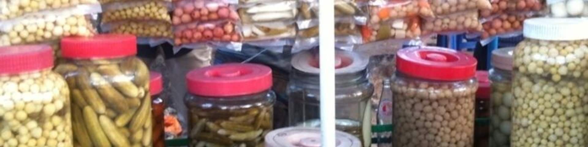 Assorted fruits and veggies brined - displayed at a road side vendor cart near Thalikkulam, Kerala