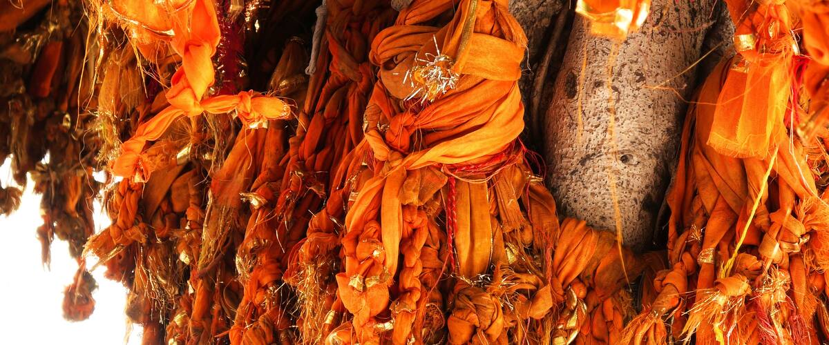 A close-up of orange fabric decorations, possibly for a cultural event or festival.