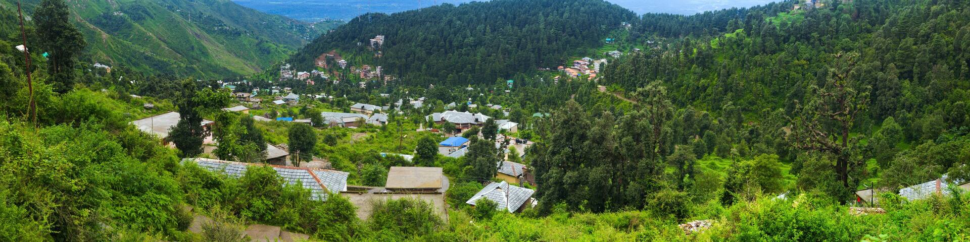 Panoramic view of mountain village Dharamkot. Kangra district, Himachal Pradesh, India