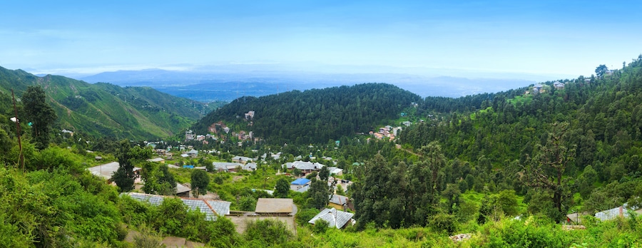 Panoramic view of mountain village Dharamkot. Kangra district, Himachal Pradesh, India