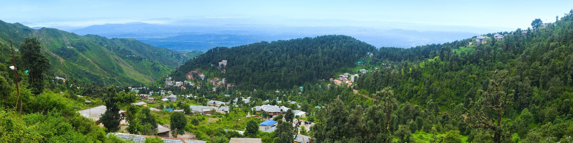 Panoramic view of mountain village Dharamkot. Kangra district, Himachal Pradesh, India