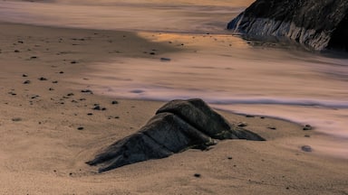 A beach with a large rock formation in the foreground and mountains in the background.