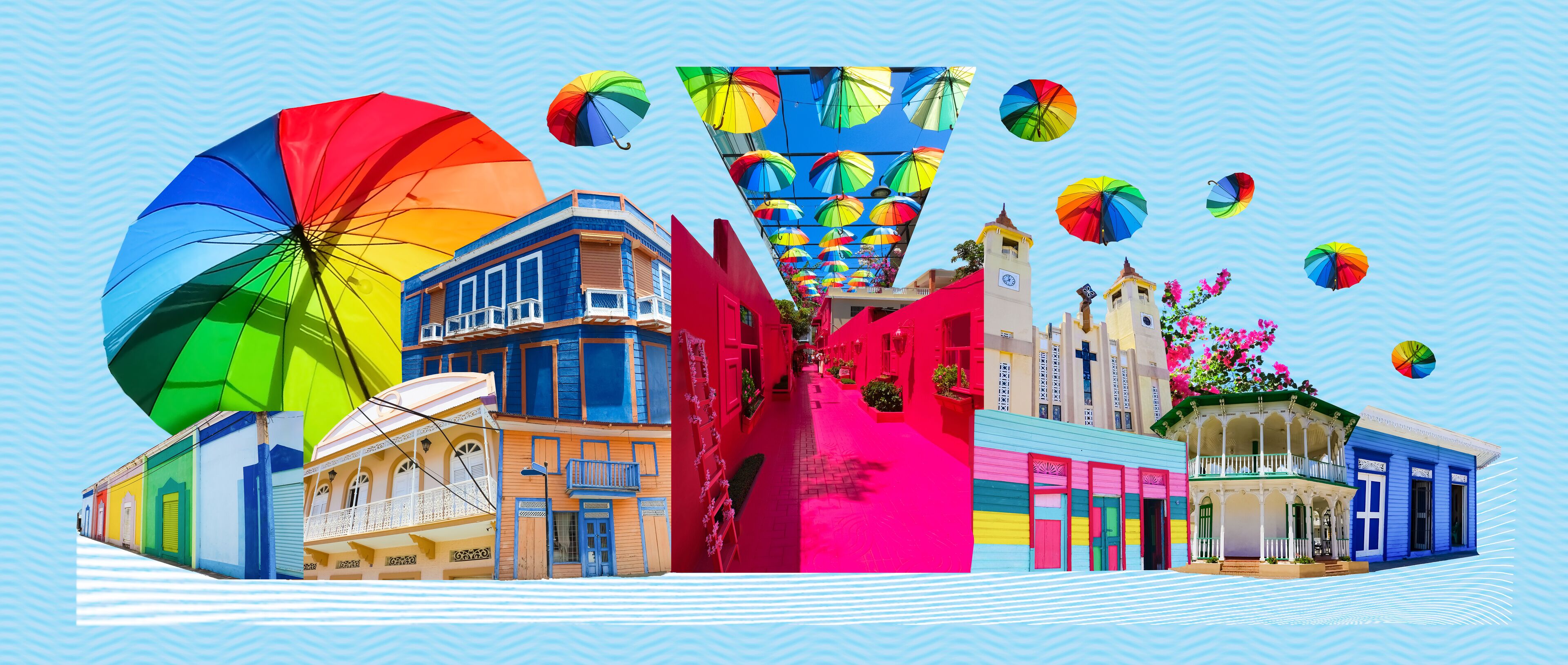 Colorful buildings in center of Puerto Plata, Dominican Republic. Collage. Pink street with green plants, windows, street lams, caribbean entourage in old city victorian style. Art design