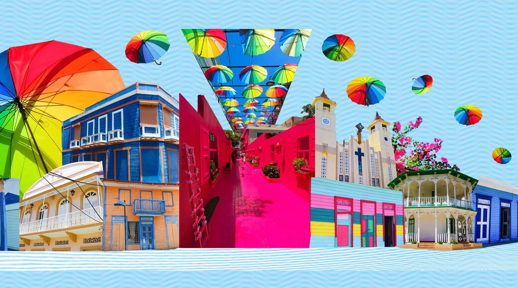 Colorful buildings in center of Puerto Plata, Dominican Republic. Collage. Pink street with green plants, windows, street lams, caribbean entourage in old city victorian style. Art design