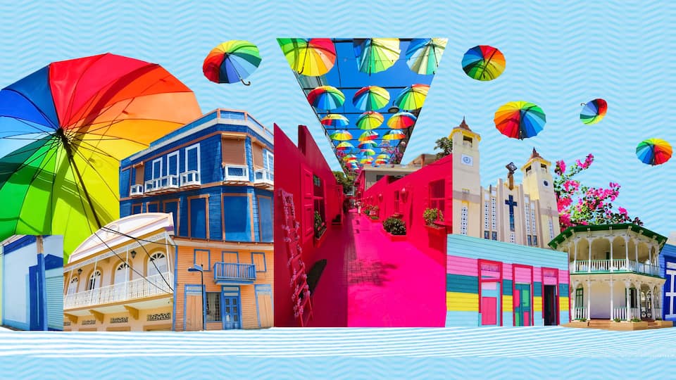 Colorful buildings in center of Puerto Plata, Dominican Republic. Collage. Pink street with green plants, windows, street lams, caribbean entourage in old city victorian style. Art design