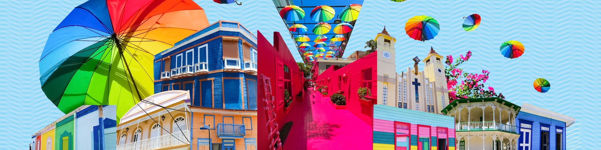 Colorful buildings in center of Puerto Plata, Dominican Republic. Collage. Pink street with green plants, windows, street lams, caribbean entourage in old city victorian style. Art design