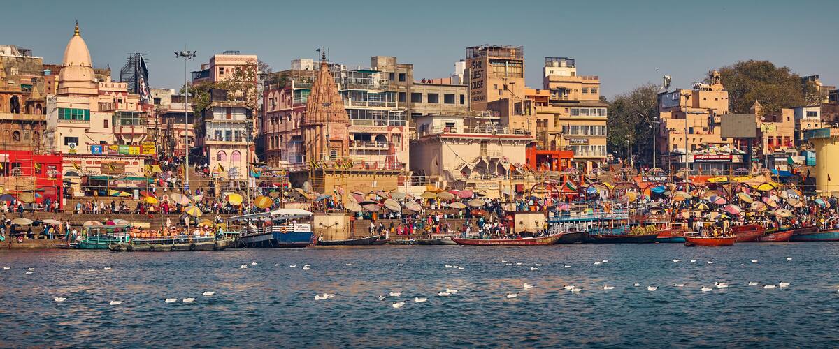 Varanasi, India - March 07, 2025: Main ghat at Ganges river in Varanasi city, India