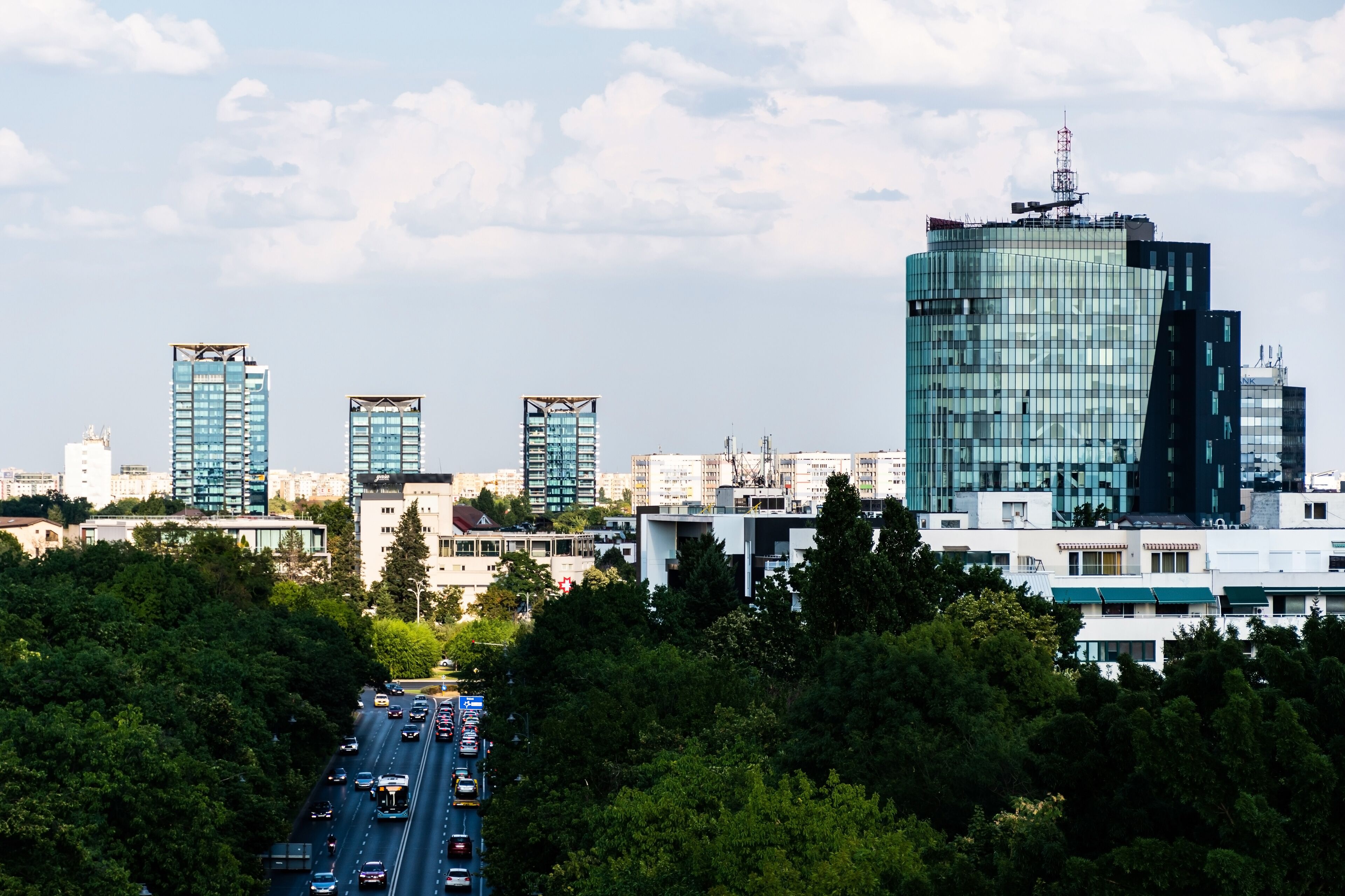 View of Bucharest with the Charles de Gaulle Plaza building and Romanian Television, the One United buildings from Floreasca and the Piata Victoriei with the Orange building. Romania.
