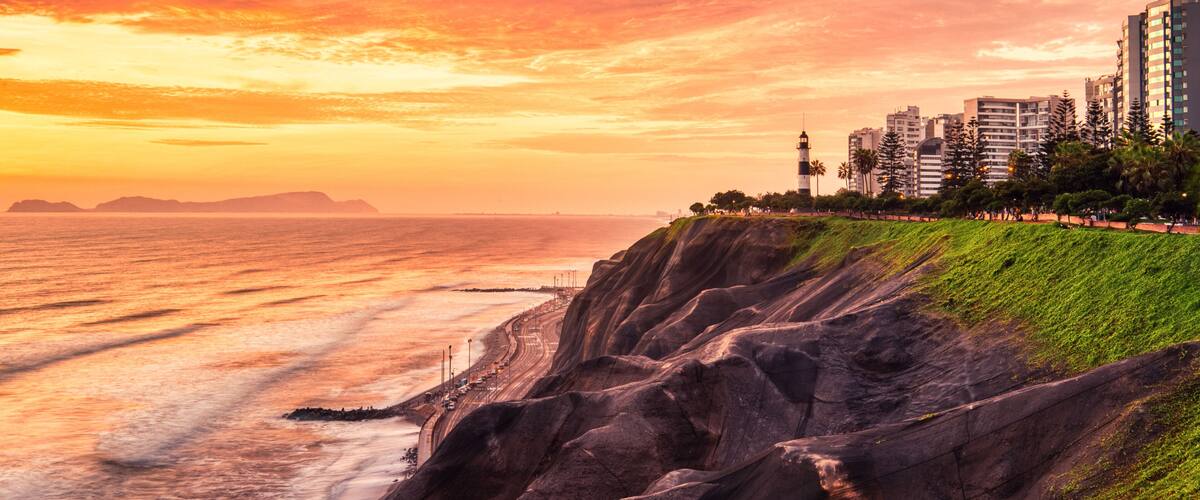 Cliffs on the Pacific Ocean Coast near Miraflores, Lima at Sunset