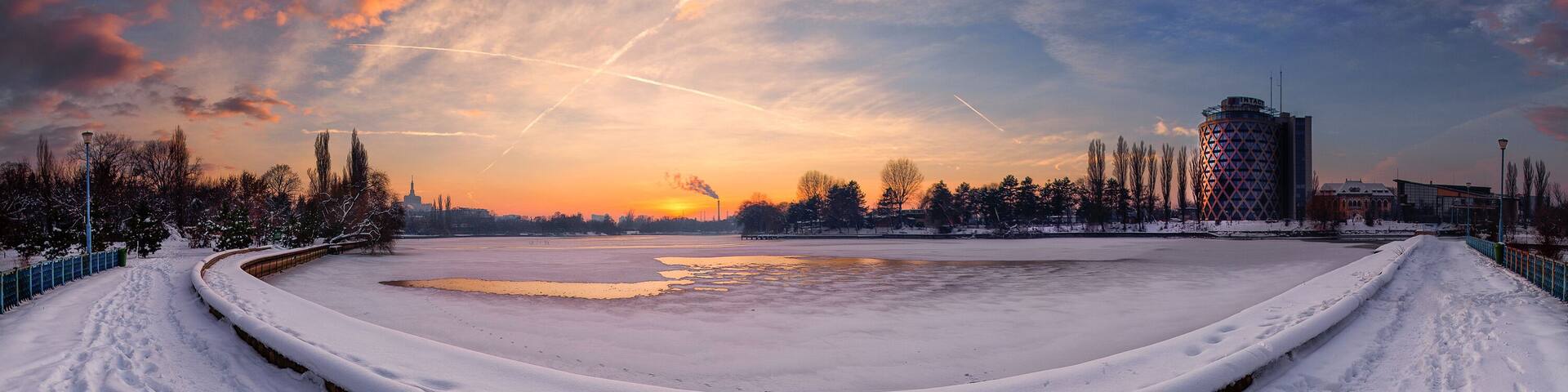 Bucharest sunset ,Banseasa lake in winter time