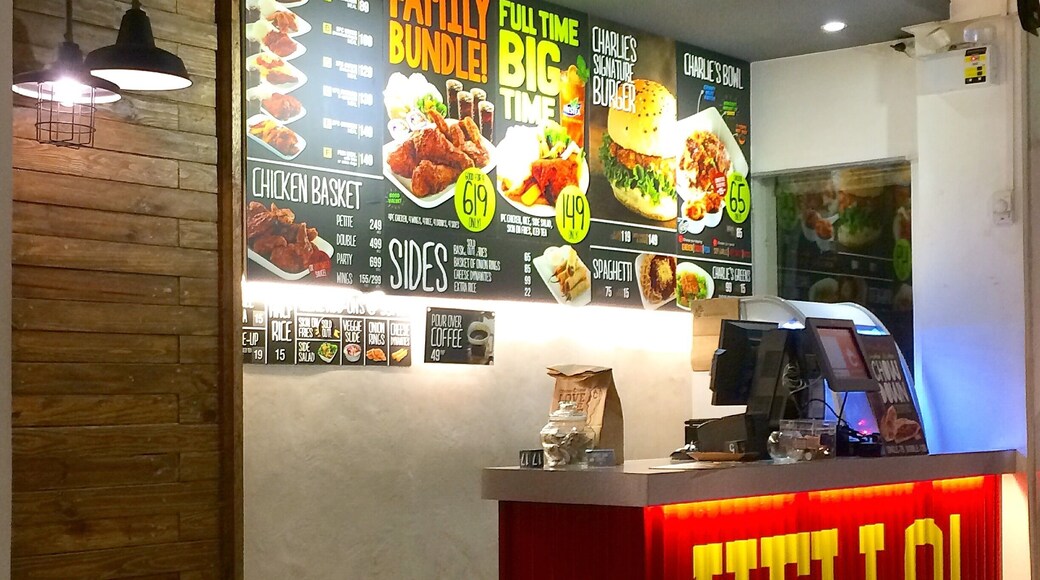 worked overtime., eating., haha., thumbs up! their burger