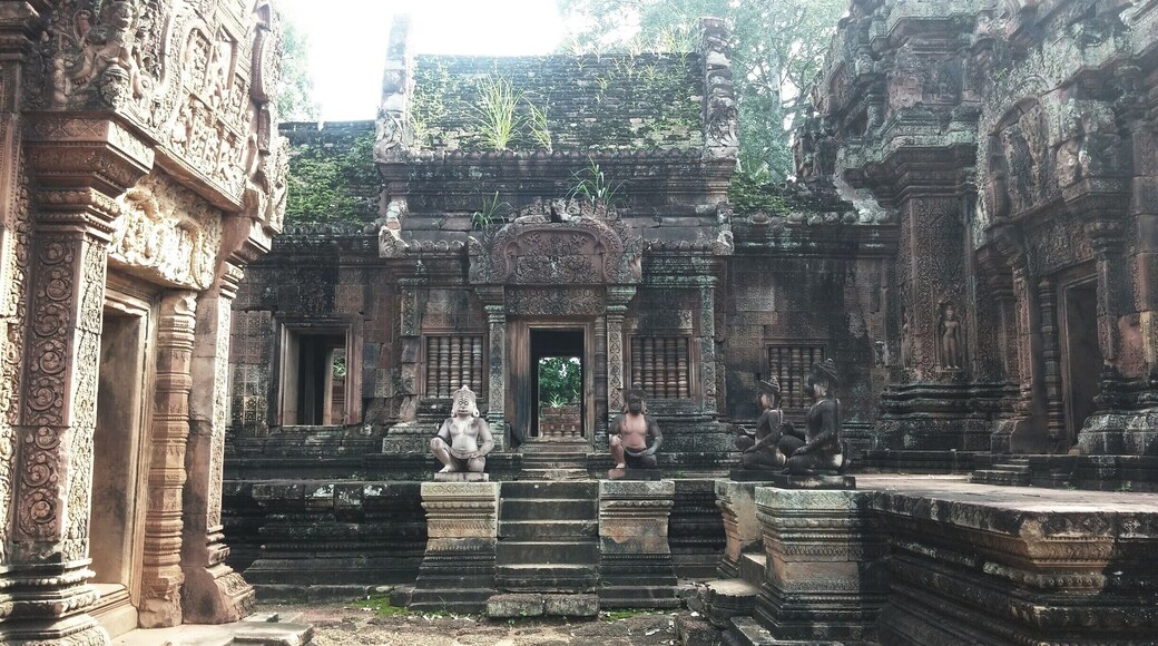 Banteay Srei, pink sandstone with elaborate carvings that adorn the doorways and walls.
