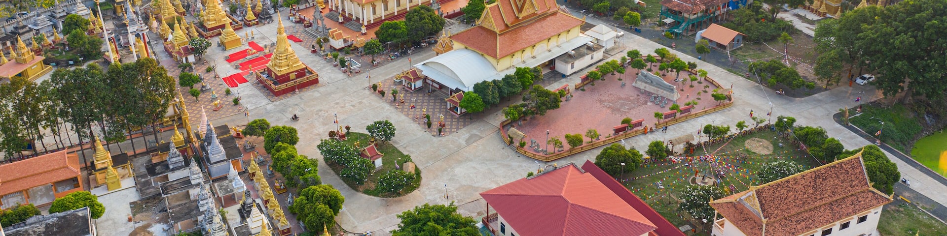 Panoramic drone view of cityscape near Mekong River in Kampong Cham, Cambodia.