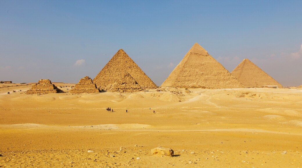 Egypt. Cairo - Giza. General view of pyramids from the Giza Plateau (on front side 3 pyramids popularly known as Queens' Pyramids; next: the Pyramid of Mykerinos, Chephren and Cheops)