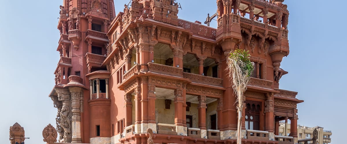 Angle view of rear facade of Baron Empain Palace, a historic mansion inspired by the Cambodian Hindu temple of Angkor Wat, located in Heliopolis district, Cairo, Egypt