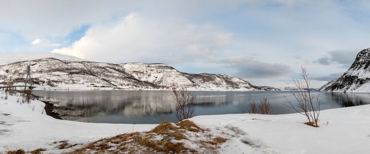 A snow-covered landscape with a calm lake, mountains, and a clear sky.