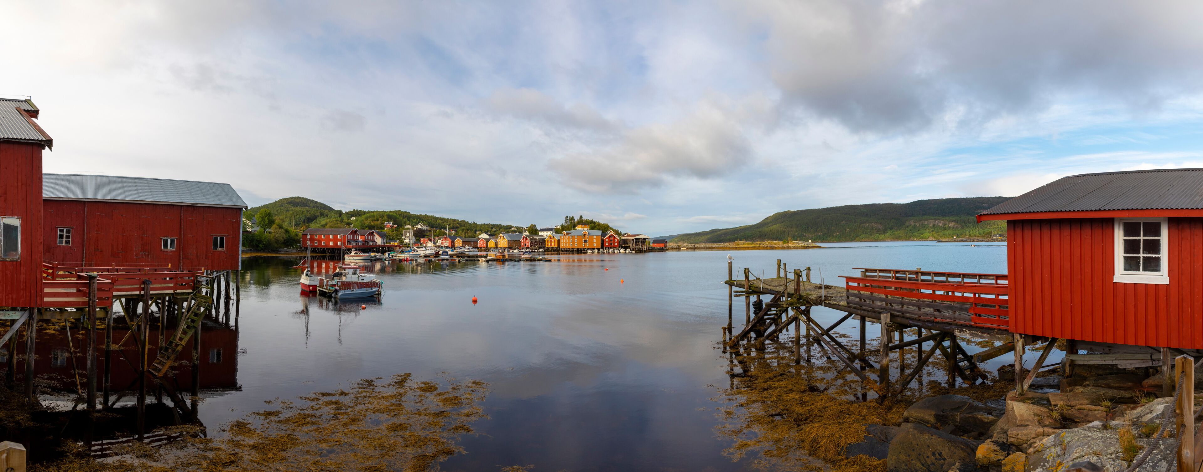 Panorama with Cottage in Rakvag (Råkvåg or Råkvågen). It is a village in the municipality of Indre Fosen in Trondelag county