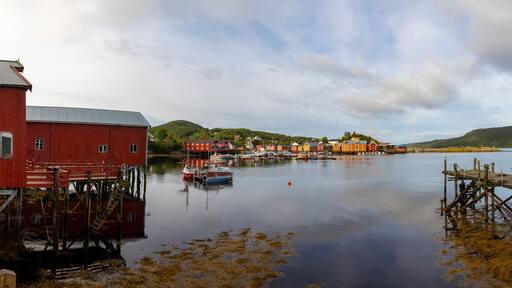 Panorama with Cottage in Rakvag (Råkvåg or Råkvågen). It is a village in the municipality of Indre Fosen in Trondelag county