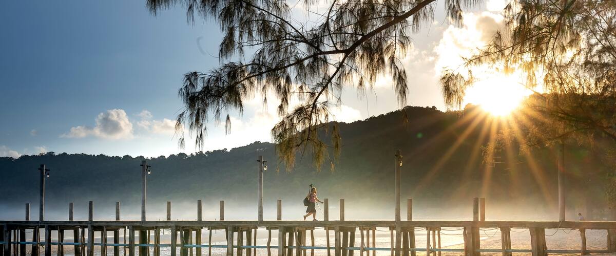 Dawn on Pier on the beach of Koh Rong Samloem island in Cambodia in paradise island Villa Koh Rong Samloem. Cambodia.