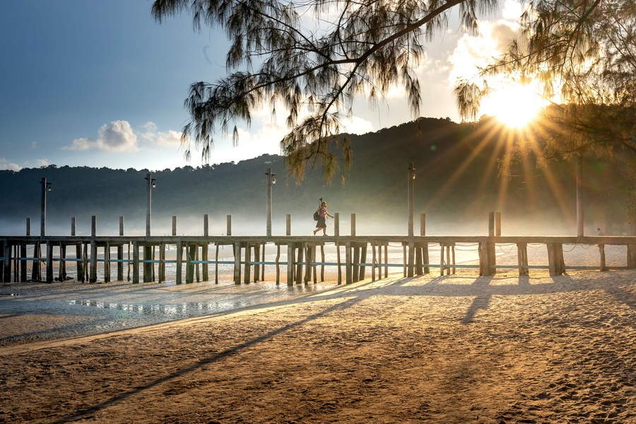 Dawn on Pier on the beach of Koh Rong Samloem island in Cambodia in paradise island Villa Koh Rong Samloem. Cambodia.