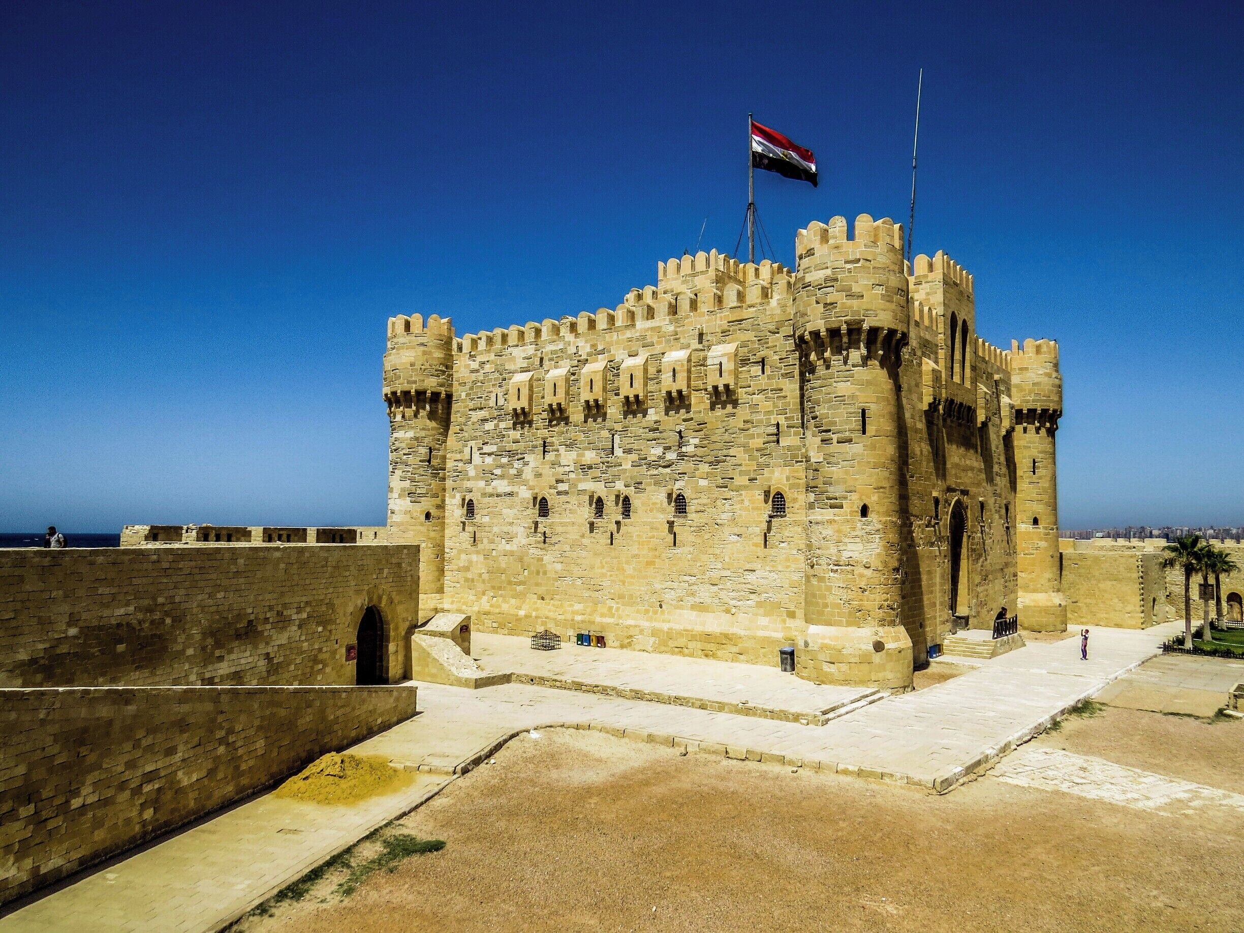Qaitbay Citadel in Alexandria, Egypt, which  is a 15th-century defensive fortress located on the Mediterranean sea coast. It was established in 1477 AD by Sultan Al-Ashraf Sayf al-Din Qa'it Bay.