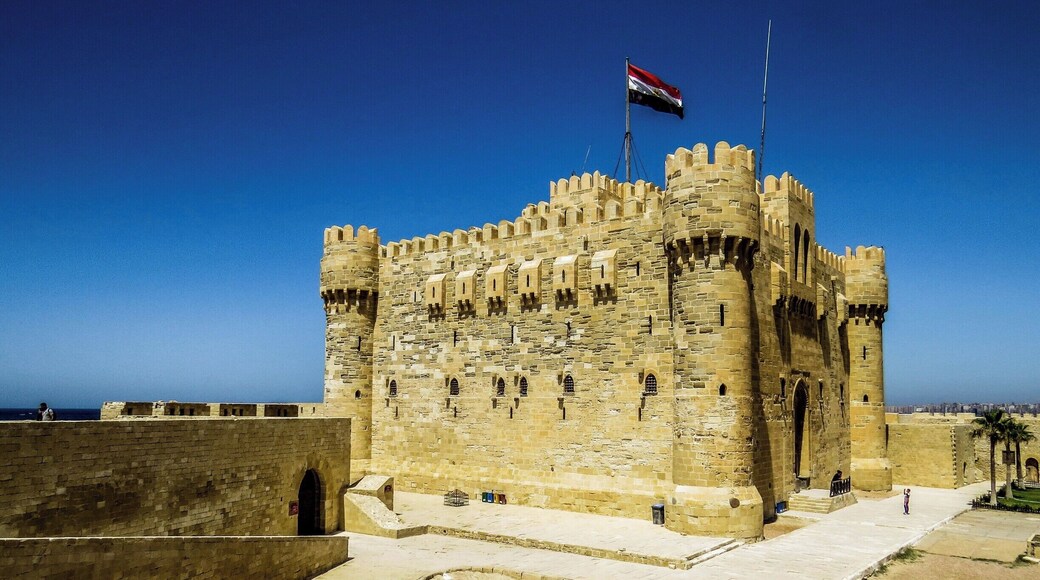 Qaitbay Citadel in Alexandria, Egypt, which is a 15th-century defensive fortress located on the Mediterranean sea coast. It was established in 1477 AD by Sultan Al-Ashraf Sayf al-Din Qa'it Bay.