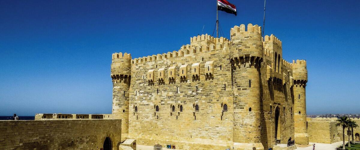 Qaitbay Citadel in Alexandria, Egypt, which is a 15th-century defensive fortress located on the Mediterranean sea coast. It was established in 1477 AD by Sultan Al-Ashraf Sayf al-Din Qa'it Bay.