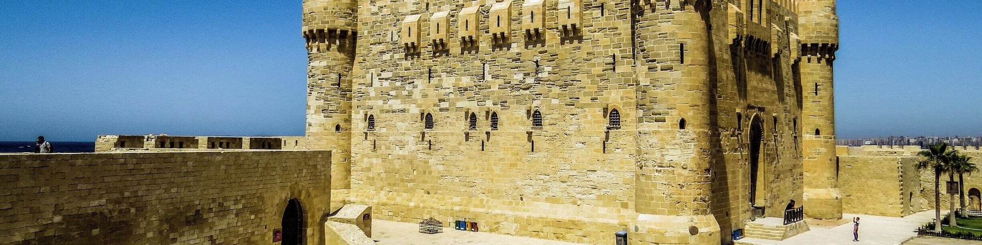 Qaitbay Citadel in Alexandria, Egypt, which is a 15th-century defensive fortress located on the Mediterranean sea coast. It was established in 1477 AD by Sultan Al-Ashraf Sayf al-Din Qa'it Bay.