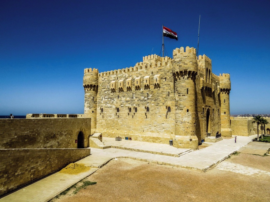 Qaitbay Citadel in Alexandria, Egypt, which is a 15th-century defensive fortress located on the Mediterranean sea coast. It was established in 1477 AD by Sultan Al-Ashraf Sayf al-Din Qa'it Bay.