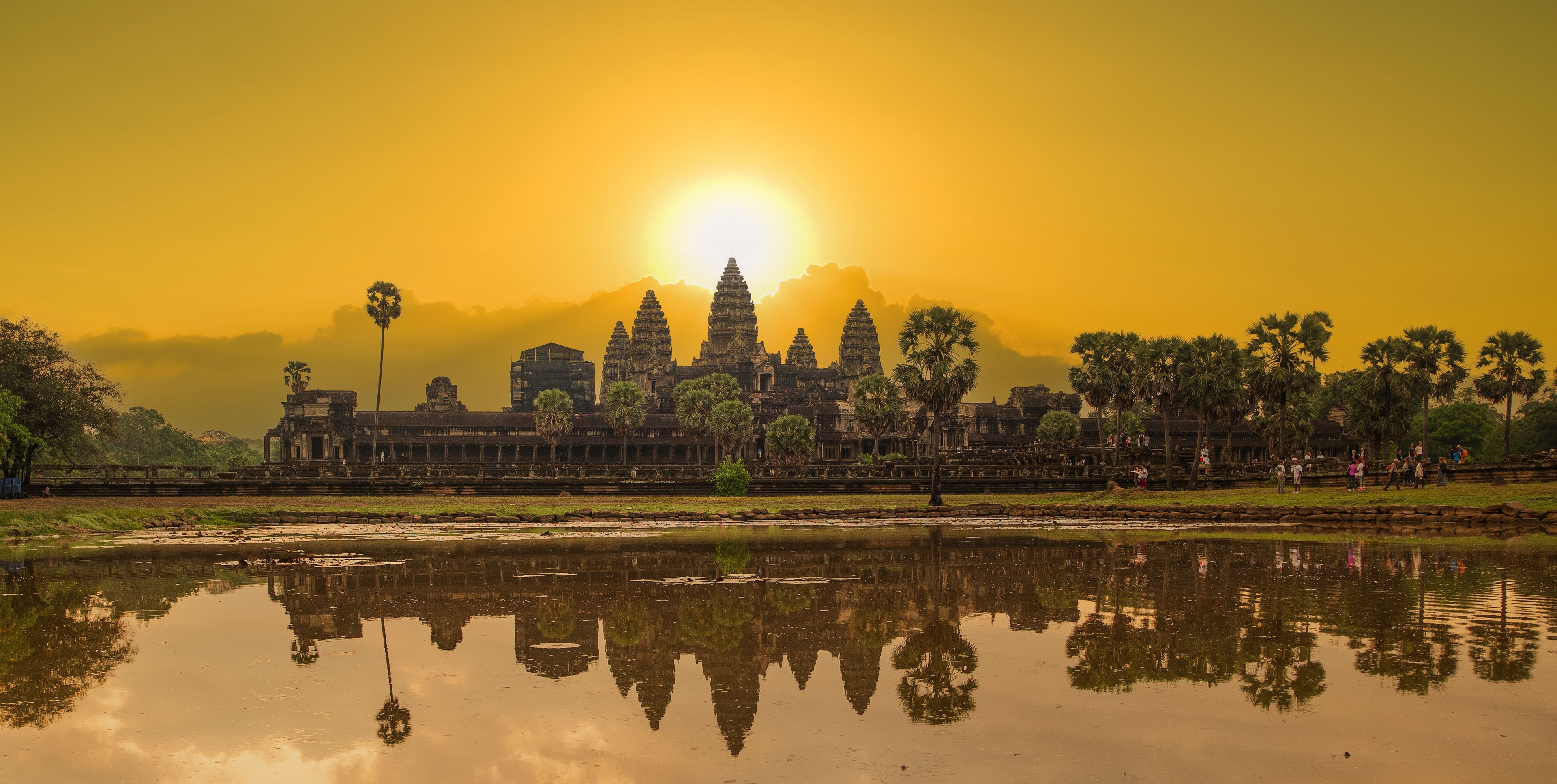 Angkor Wat popular touristic ancient temple complex at sunrise. Cambodia symbol. Famous temples near Siem Reap..Combodia