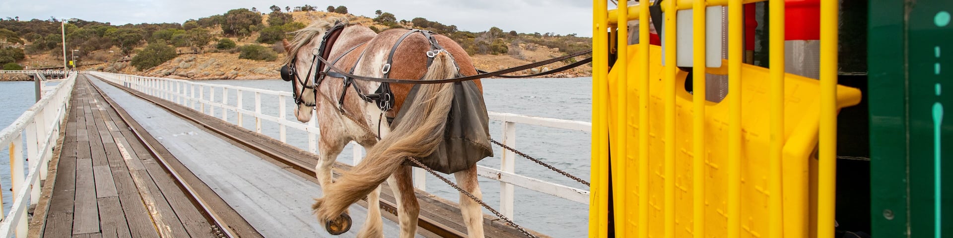 A horse-drawn carriage on a wooden pier with a rocky landscape in the background.