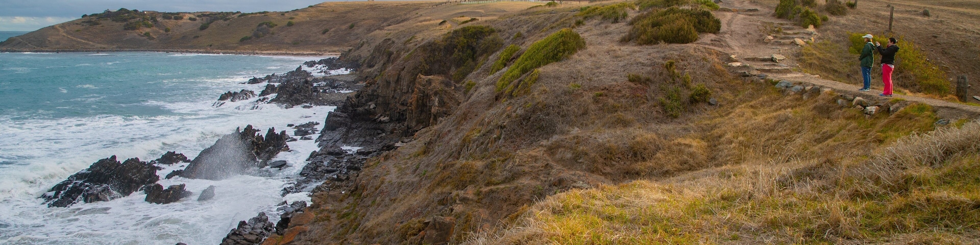 Victor Harbor Heritage Trail: Petrel Cove Trailhead showing rocky coastline and general coastal views
